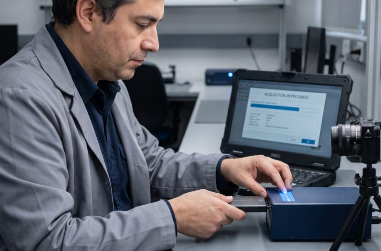Analista forense conectando un disco duro a un bloqueador de escritura junto al formulario de cadena de custodia