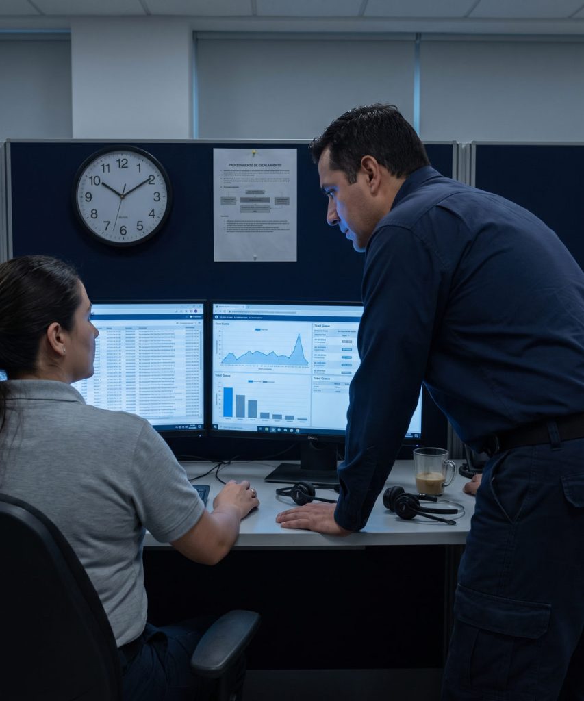Dos analistas de seguridad revisando eventos y colas de tickets en una sala de operaciones