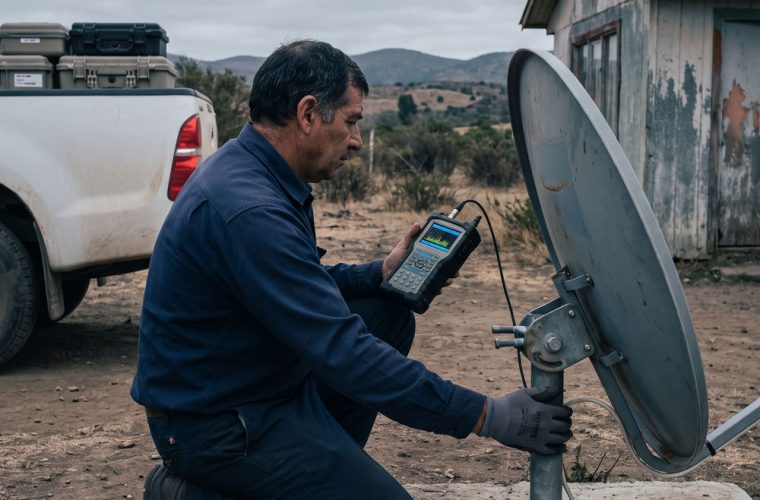 Ingeniero de terreno alineando una antena satelital VSAT junto a una instalacion rural