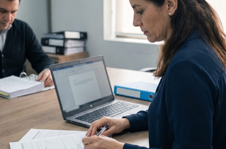 Auditora revisando una lista de verificacion de cumplimiento impresa junto a un cliente en su oficina