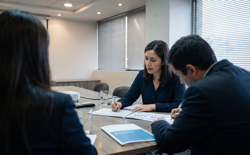 Consultora tecnica presentando un informe impreso a dos personas del lado del cliente en una sala de reuniones