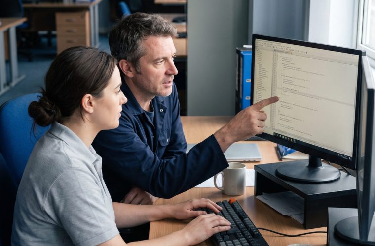 Dos desarrolladores programando en pareja frente a un mismo monitor, revisando una seccion de codigo