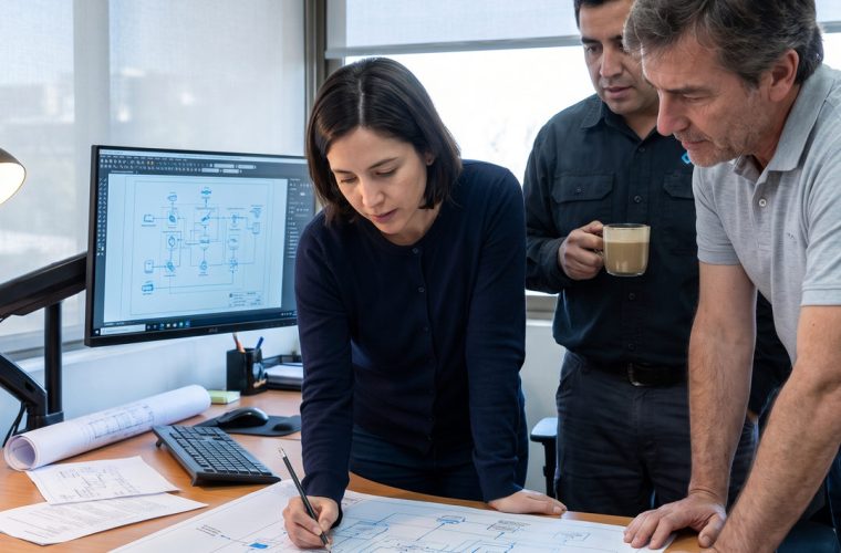 Tres integrantes del equipo de TI revisando un diagrama de arquitectura impreso sobre el escritorio