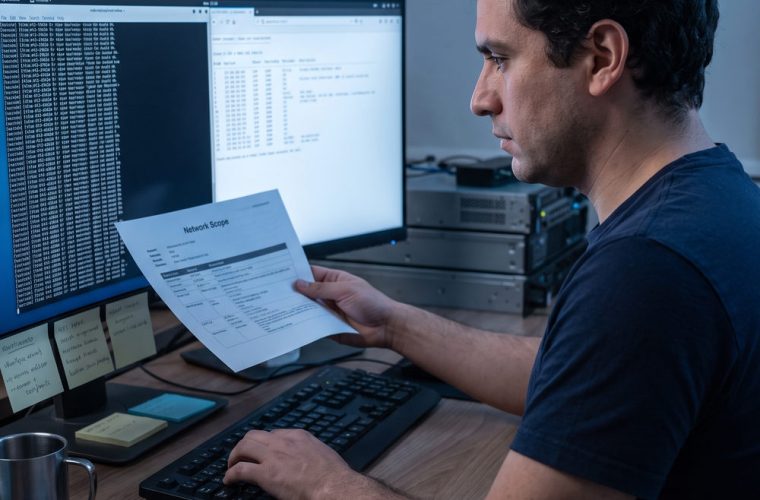 Especialista en pruebas de penetracion contrastando un documento de alcance con los resultados de un escaneo en pantalla