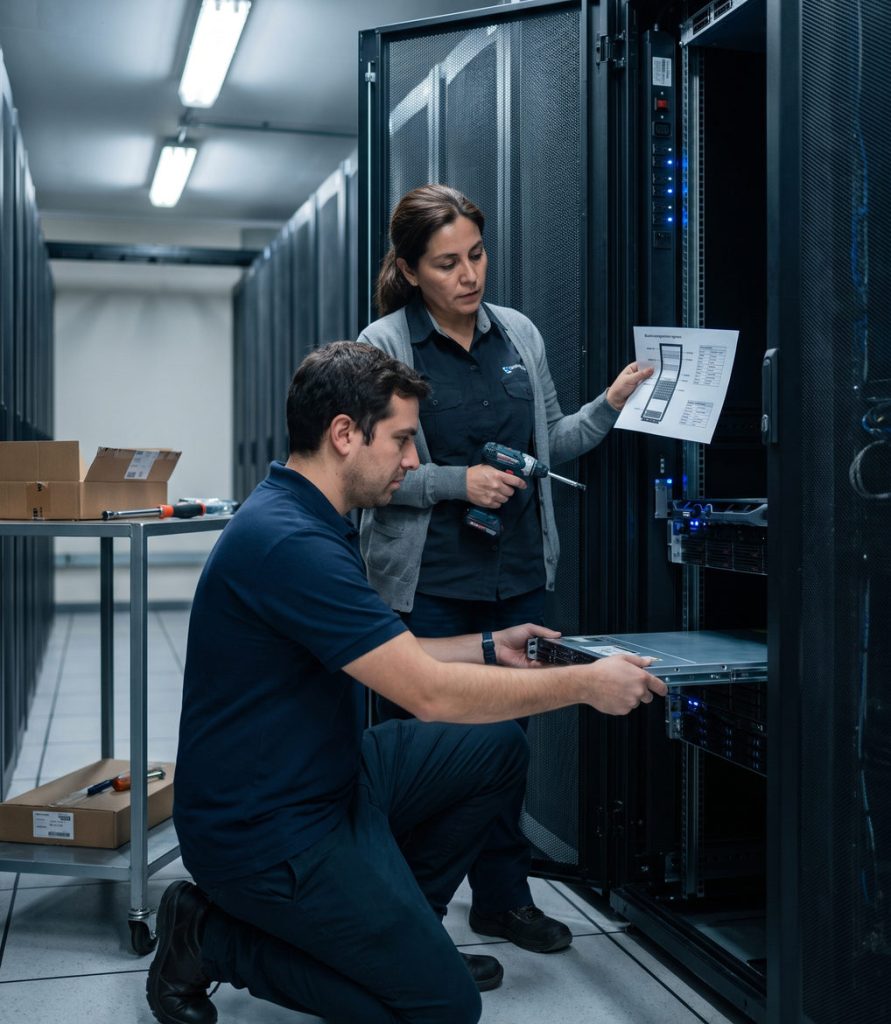 Dos ingenieros de sistemas montando un servidor en un rack durante un despliegue de infraestructura