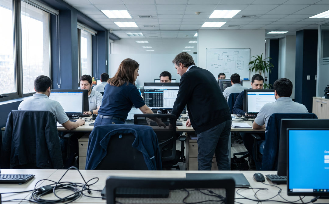 Vista general del piso de operaciones de la oficina con varios puestos de trabajo ocupados