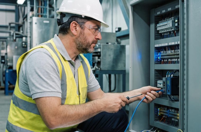 Tecnico de redes industriales conectando un switch en un gabinete de control dentro de una planta