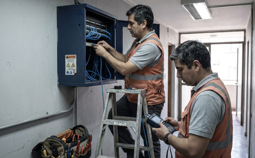 Dos tecnicos en terreno trabajando en un gabinete de comunicaciones montado en la pared de un edificio