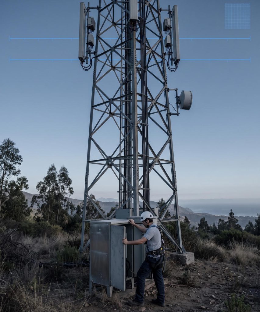 Tecnico revisando el gabinete de equipos en la base de una torre de telecomunicaciones en un cerro